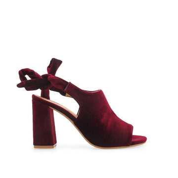 Magenta velvet heels with bow knot closure for women-side view