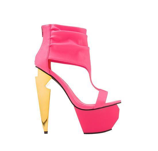 Neon pink pointy-toed silhouette heel in suede for women-side view