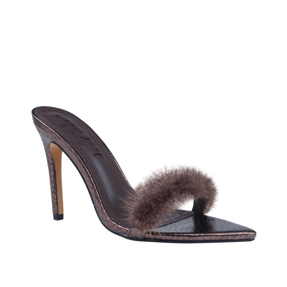 Chocolate brown women heel with faux fur-corner view