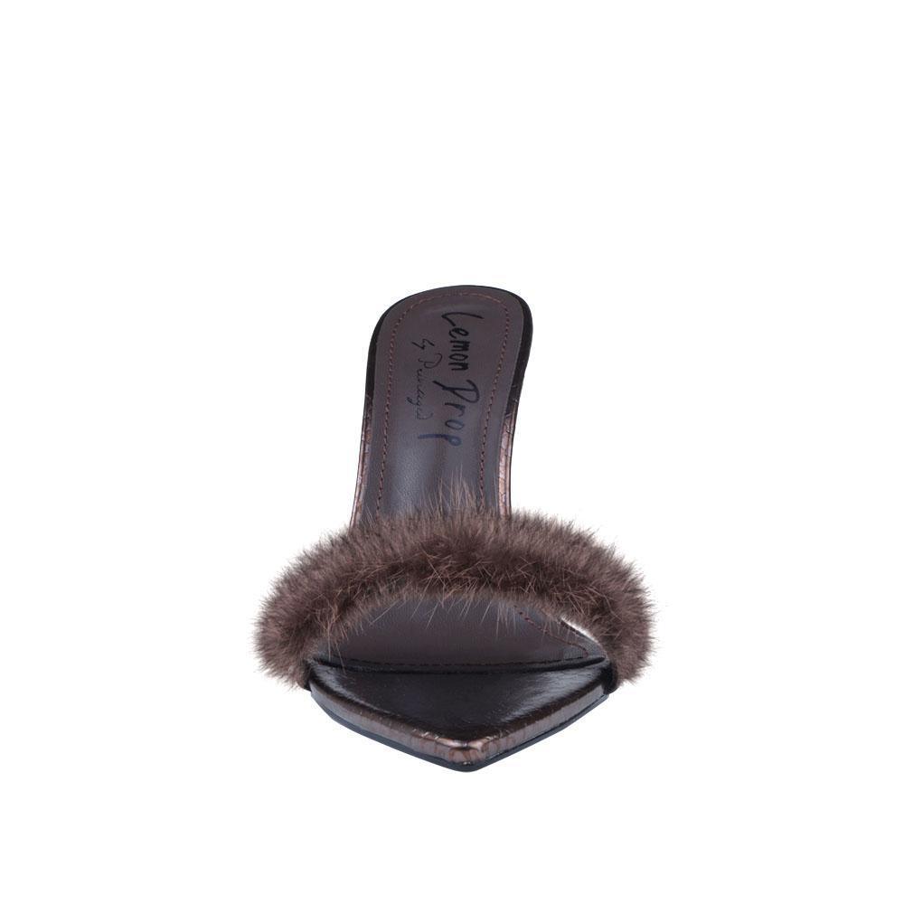 Chocolate brown women heel with faux fur-front view