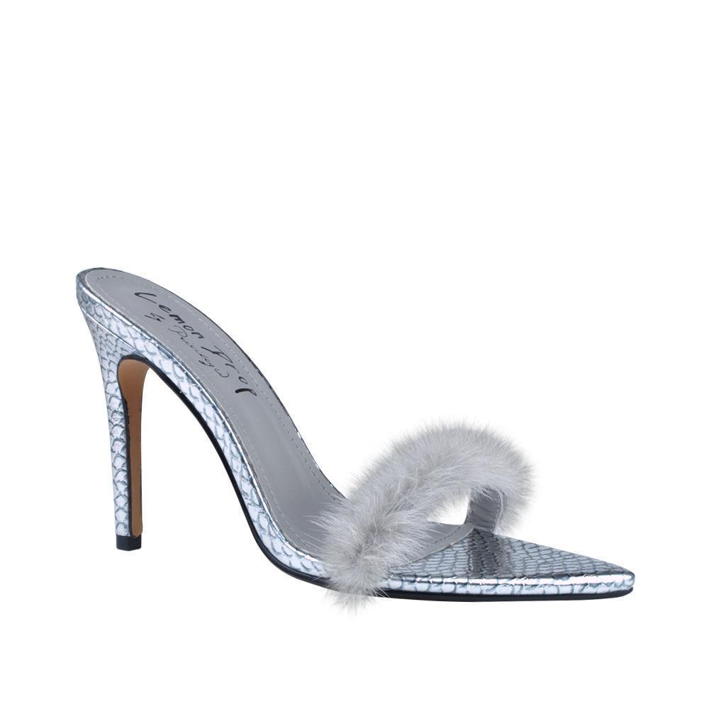 Silver women heel with faux fur-corner view