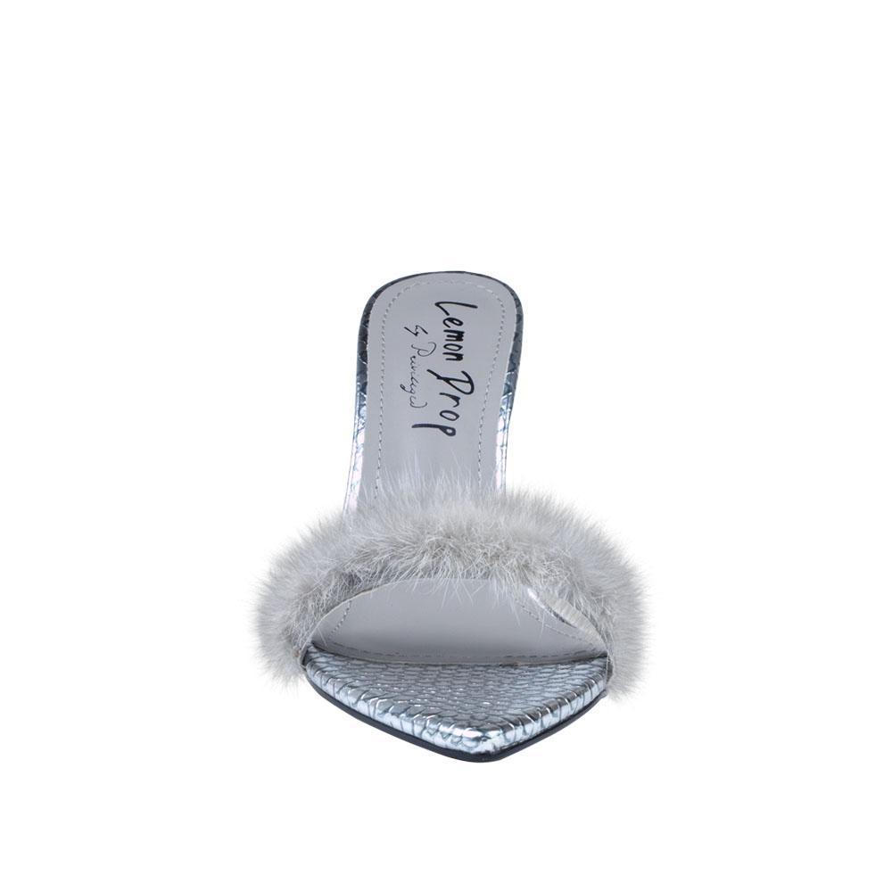 Silver women heel with faux fur-front view