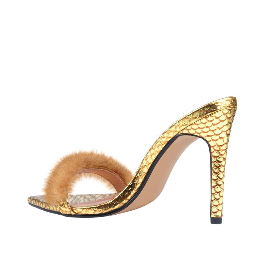 Gold women heel with faux fur-posterior view