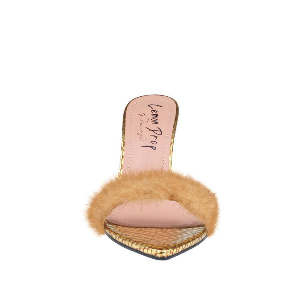 Gold women heel with faux fur-front view