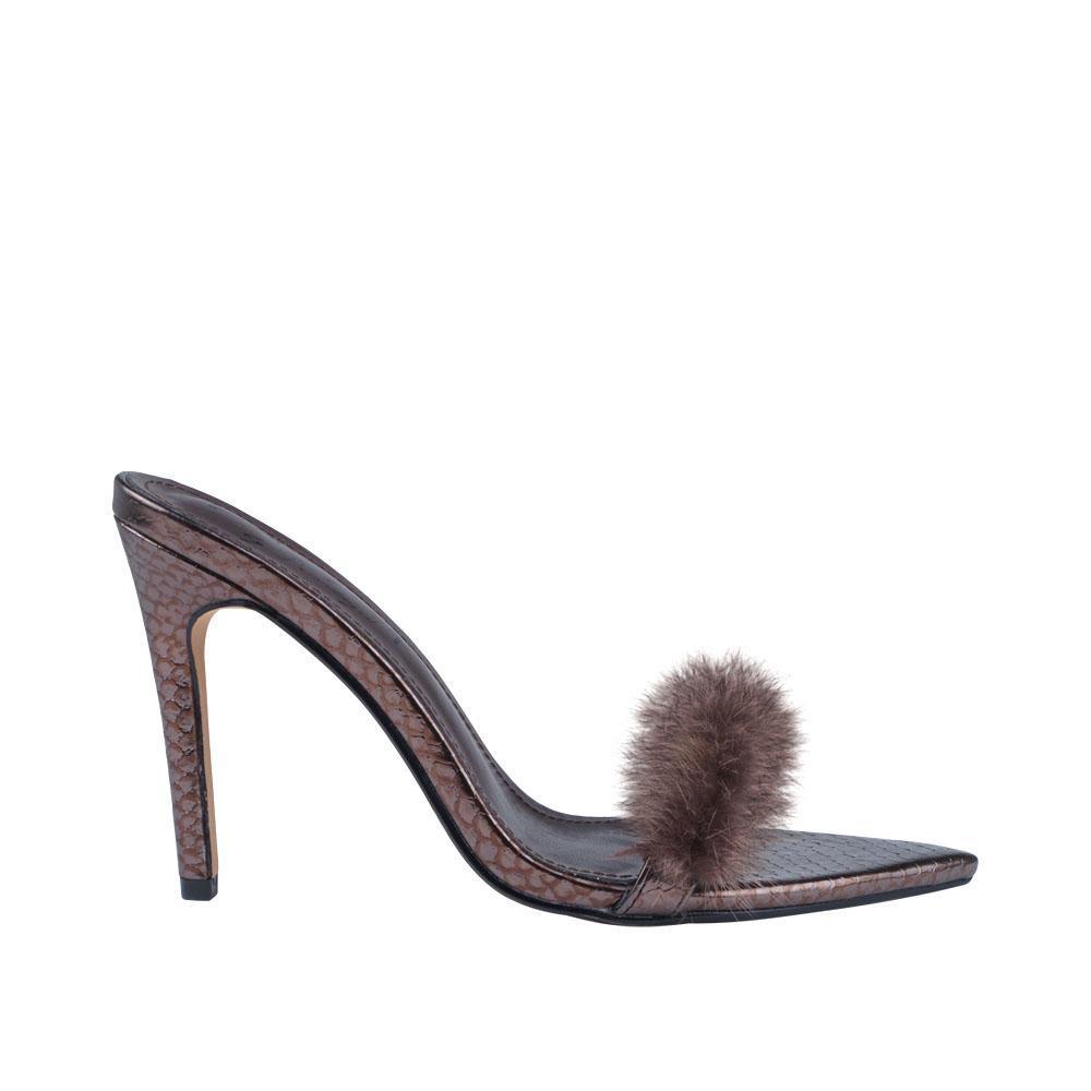 Chocolate brown women heel with faux fur-side view