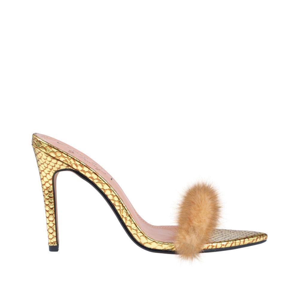 Gold women heel with faux fur-side view