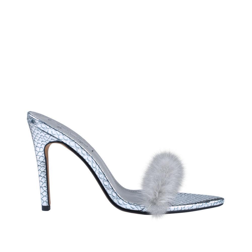 Silver women heel with faux fur-side view