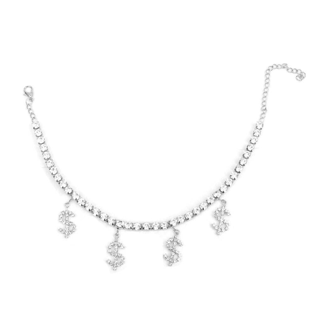 Dollar sign and diamond studs women's anklet in silver