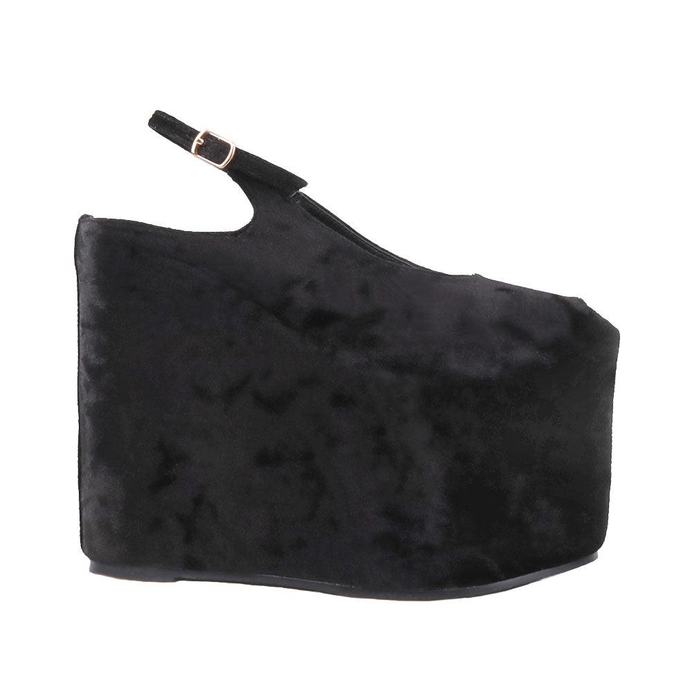 velvet black  women platform with buckle on back - side view