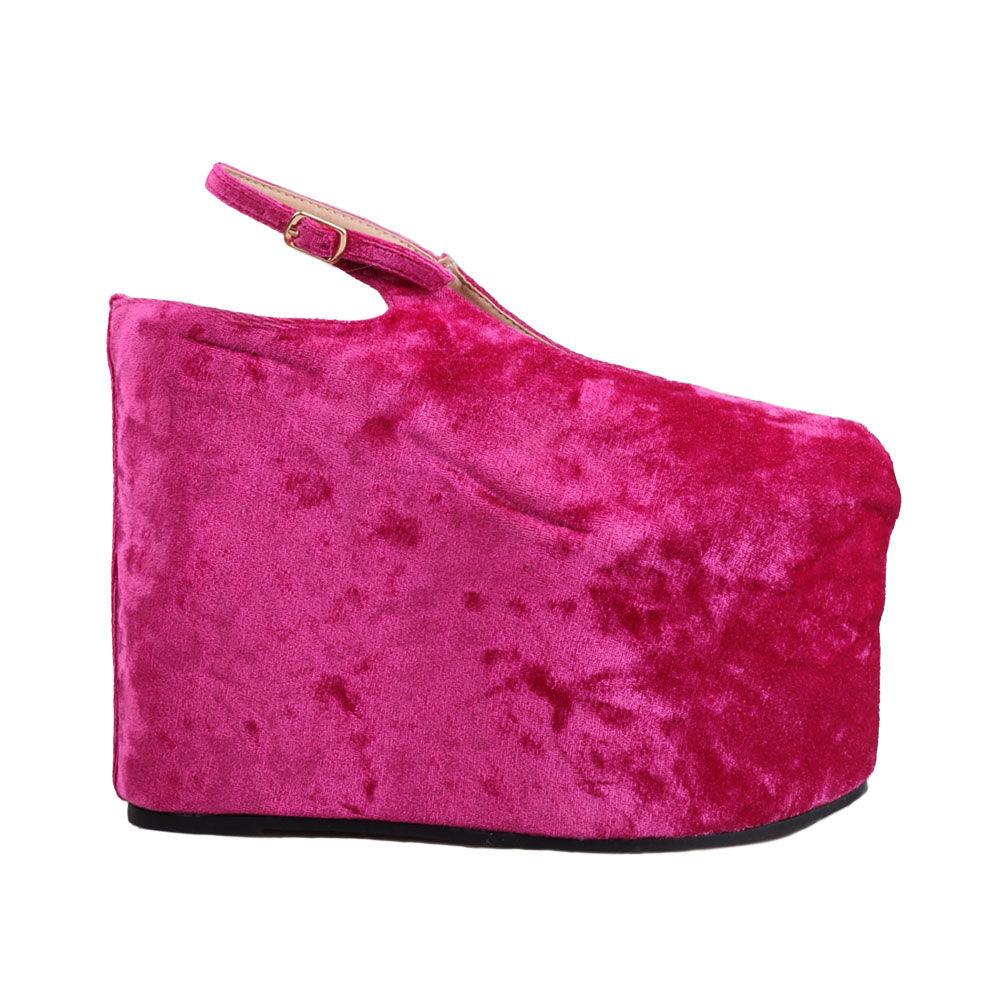 Fuchsia velvet women platform with buckle - side view