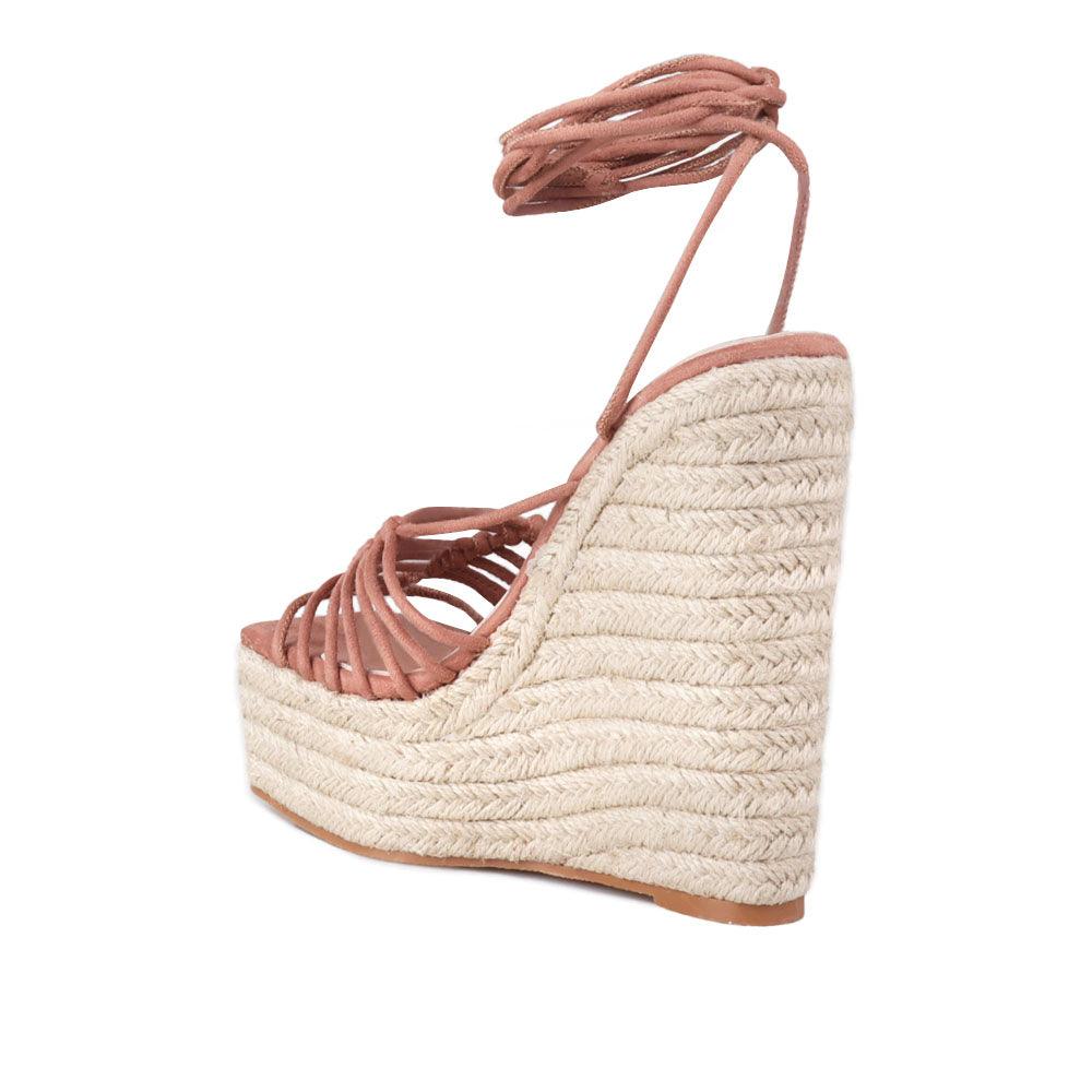 nude colored wraparound ankle strap platforms - posterior view