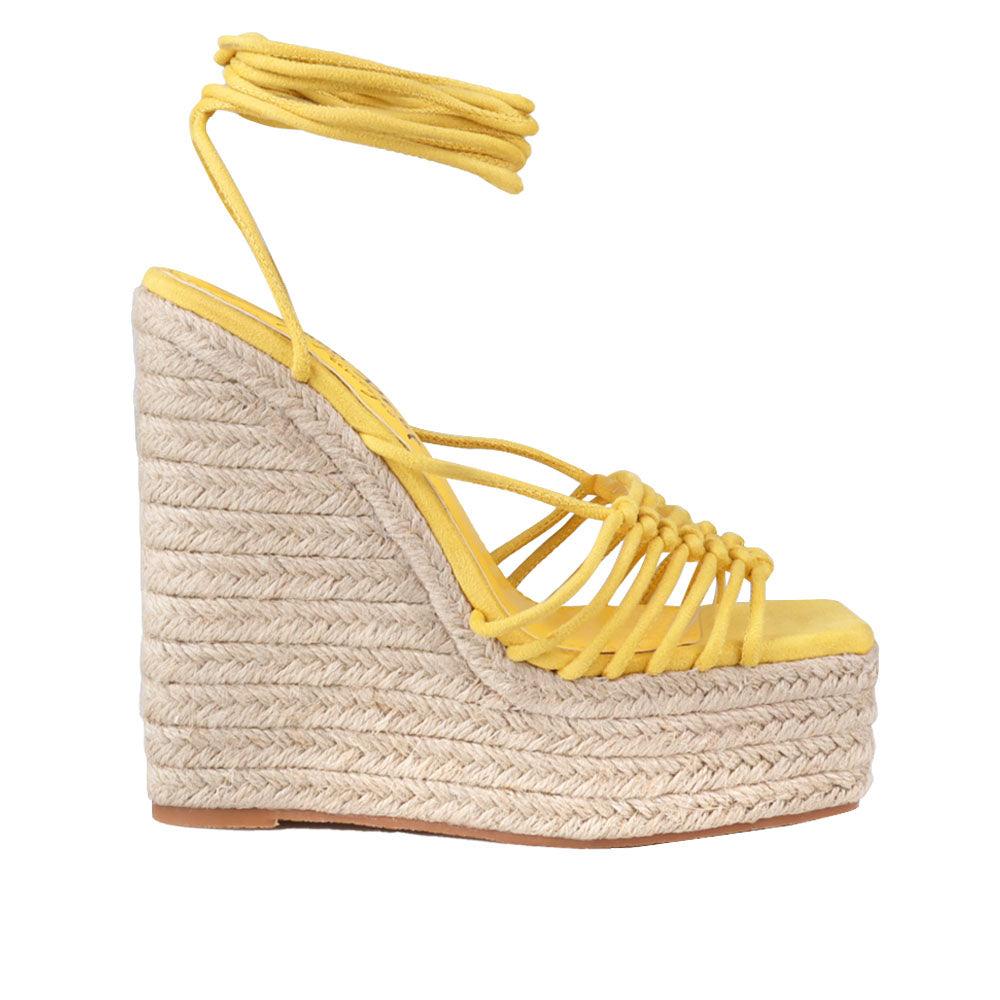 Wraparound ankle strap women shoes in mustard color - side view