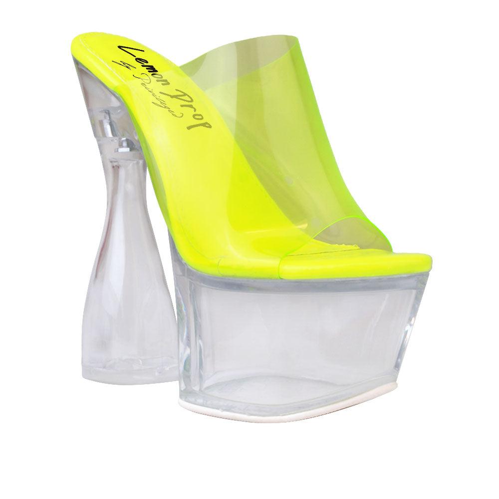 Neon yellow platform shoes for women with transparent heels - corner view