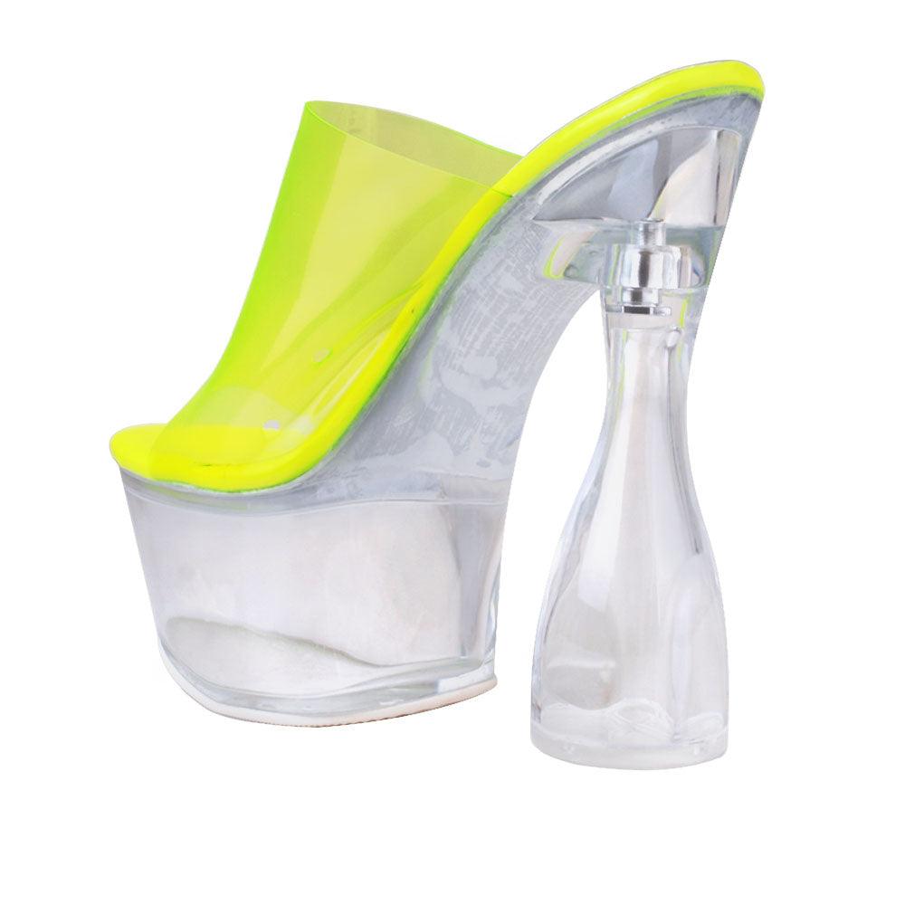 Neon yellow platform shoes for women with transparent heels - posterior view