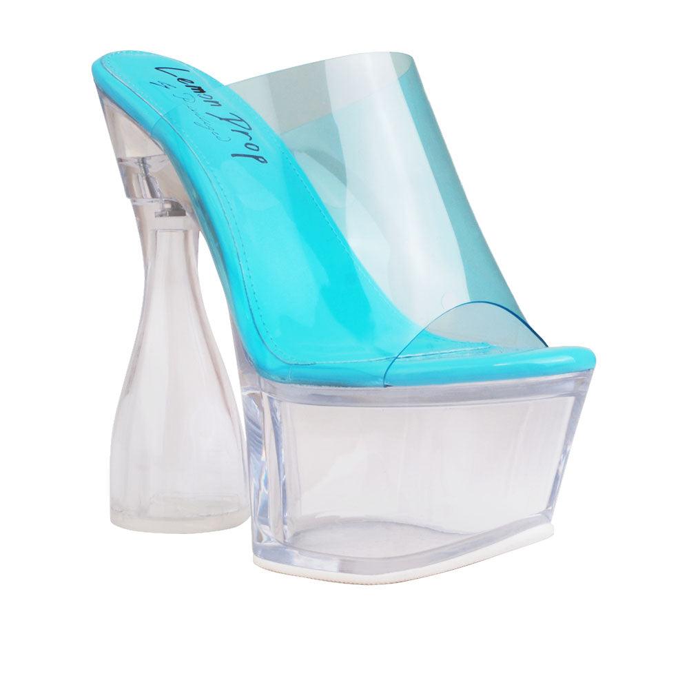 Women's turquoise-colored platform shoes with transparent heels - corner view