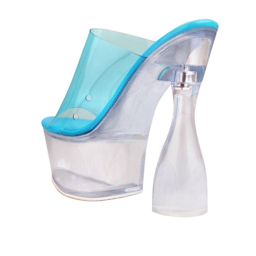 Women's turquoise-colored platform shoes with transparent heels - posterior view