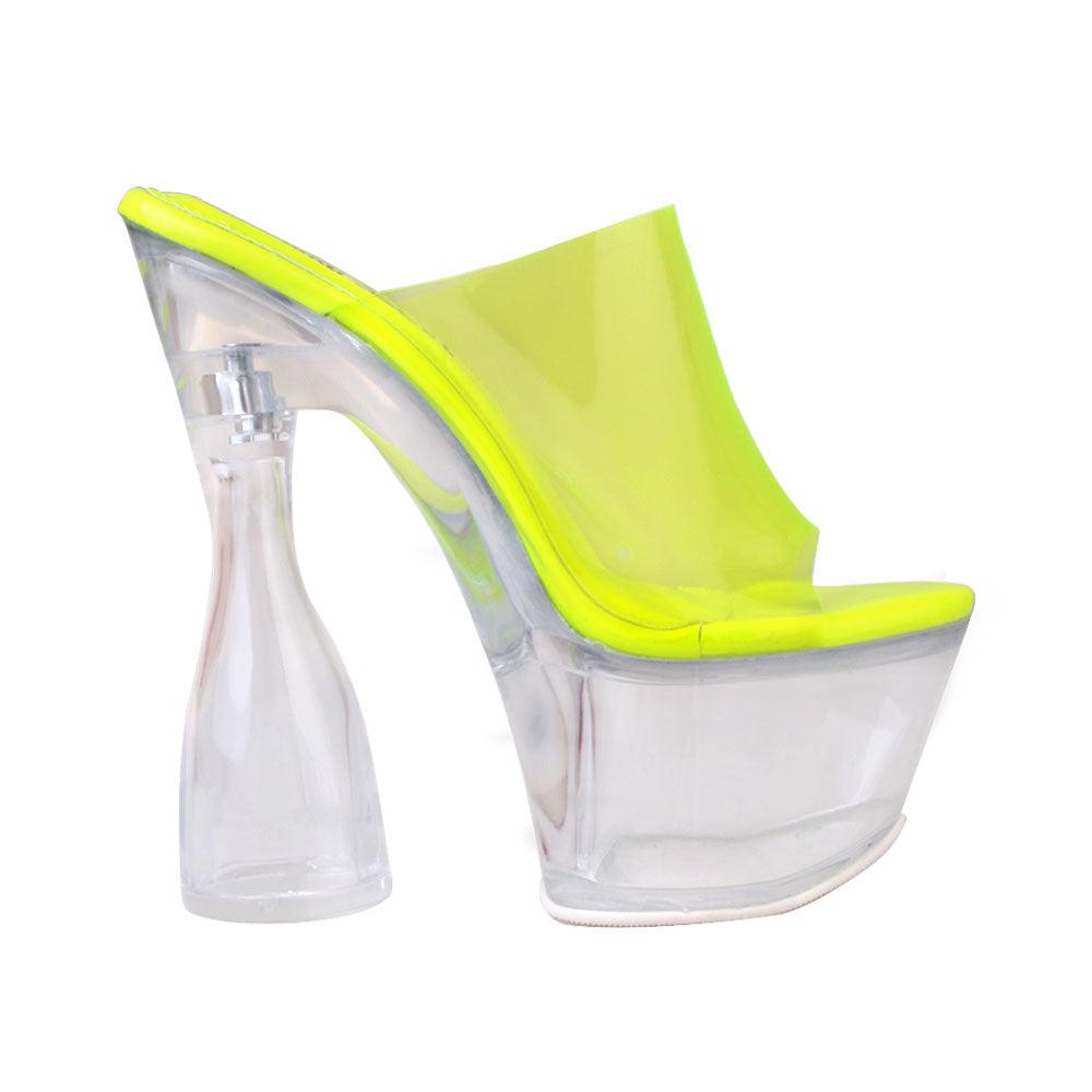 Neon yellow platform shoes for women with transparent heels - side view