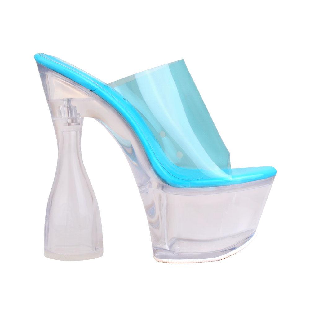 Women's turquoise-colored platform shoes with transparent heels - side view