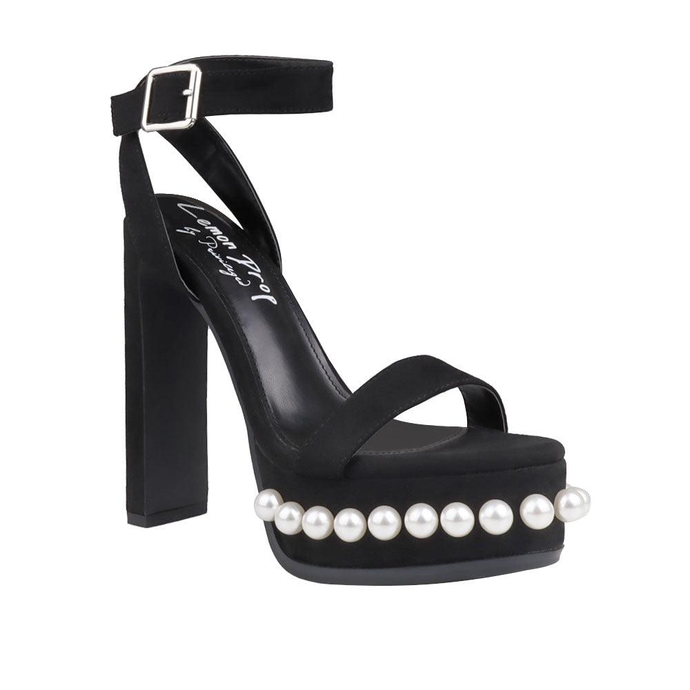 Black open-toed heels for women with a beaded design on the heel and bottom-corner view