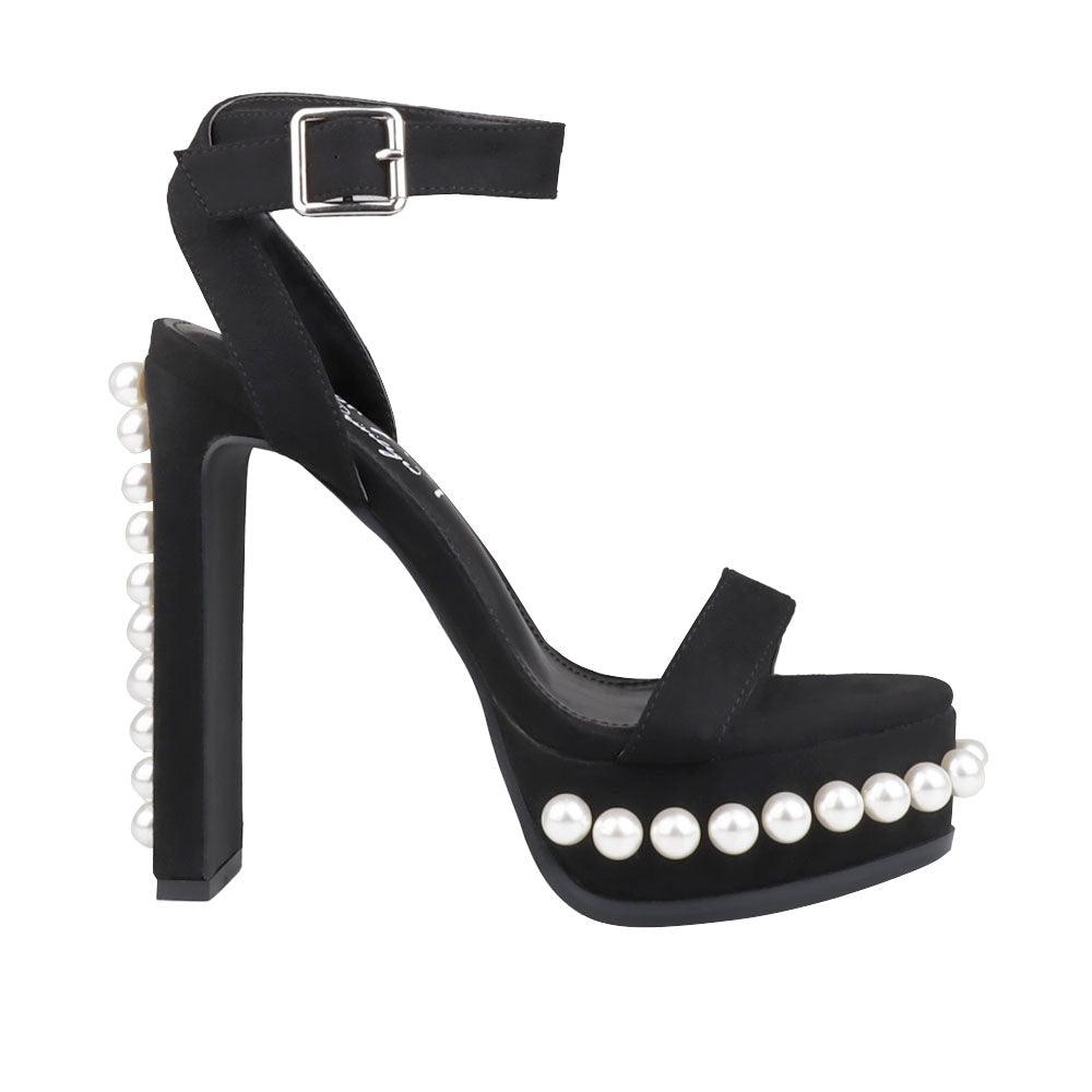 Black open-toed heels for women with a beaded design on the heel and bottom-side view