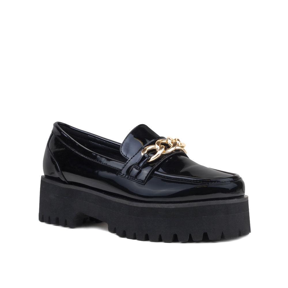 Black Women's Leather Shoes with Metal Chain and Thick Heel-corner view