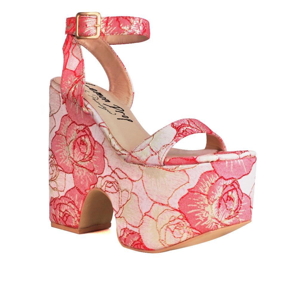 Pink rose patterned platform shoes for women with a sandal buckle-corner view