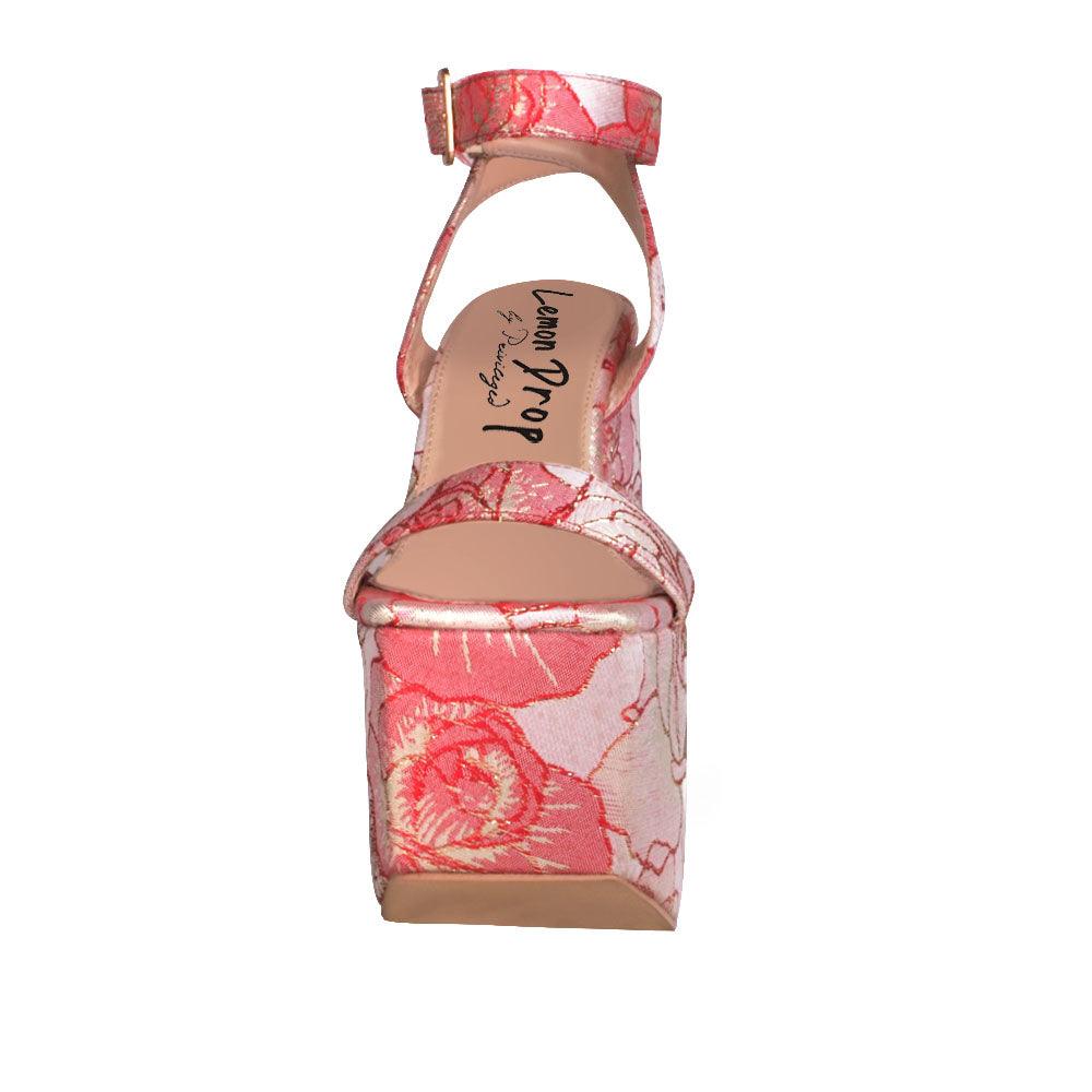 Pink rose patterned platform shoes for women with a sandal buckle-front view