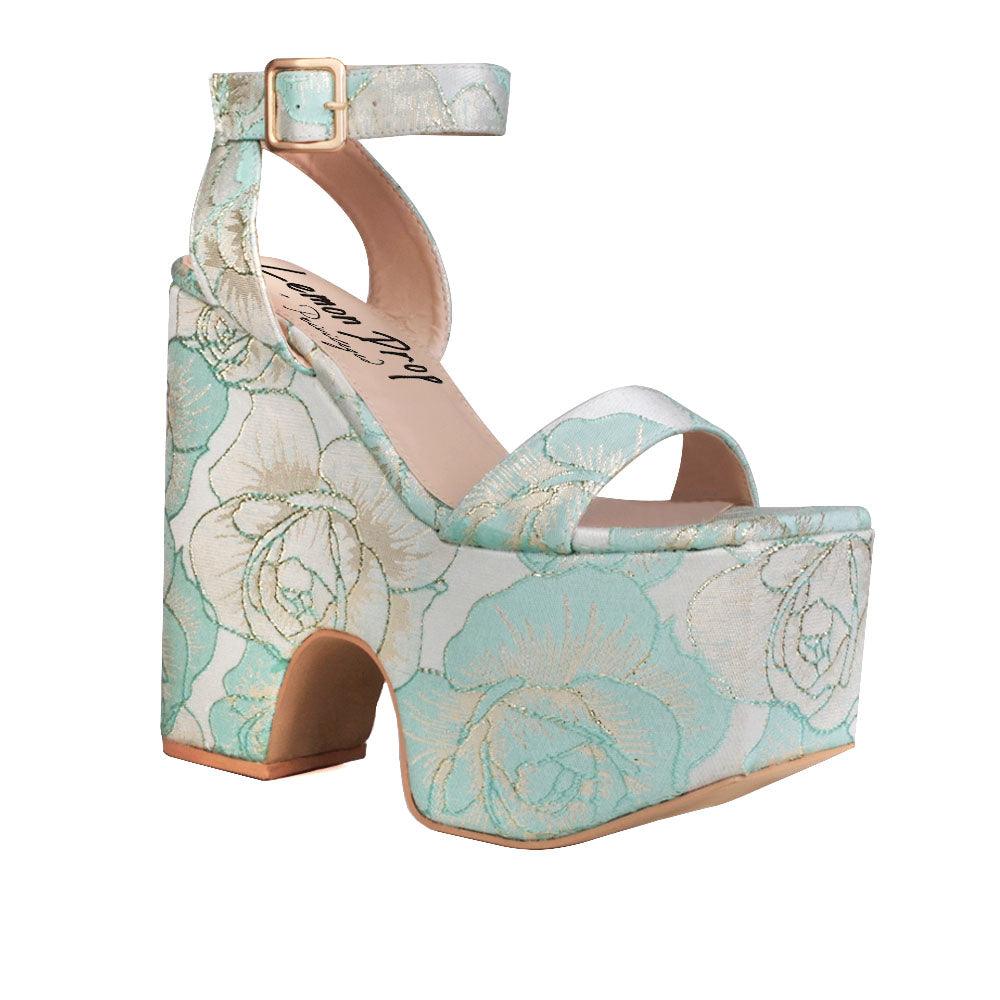 Women's mint rose patterned platform shoes with a sandal buckle-corner view