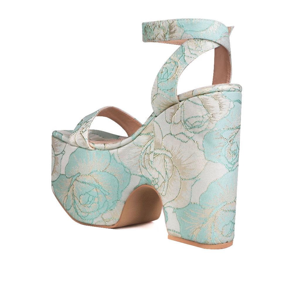 Women's mint rose patterned platform shoes with a sandal buckle-posterior view