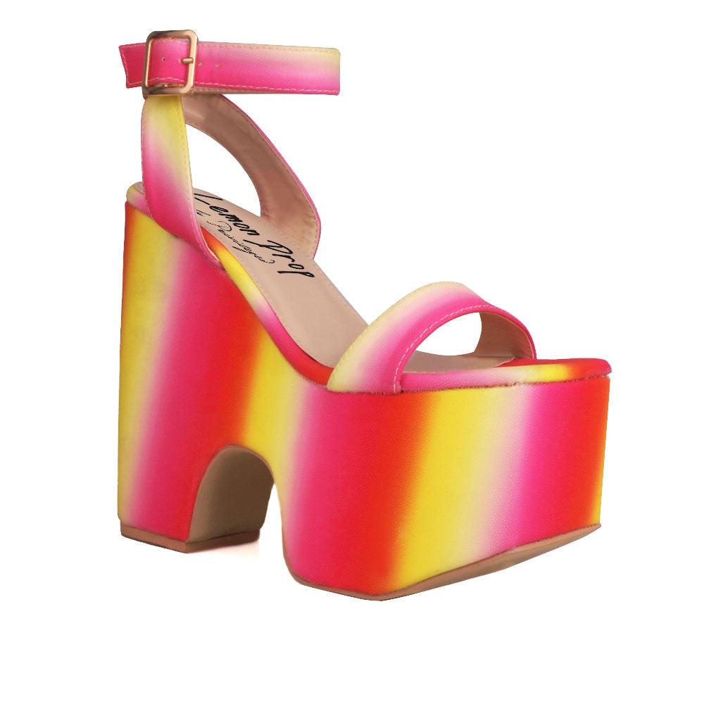 Pink and yellow mixed colored platform women's shoes with sandal buckle-corner view