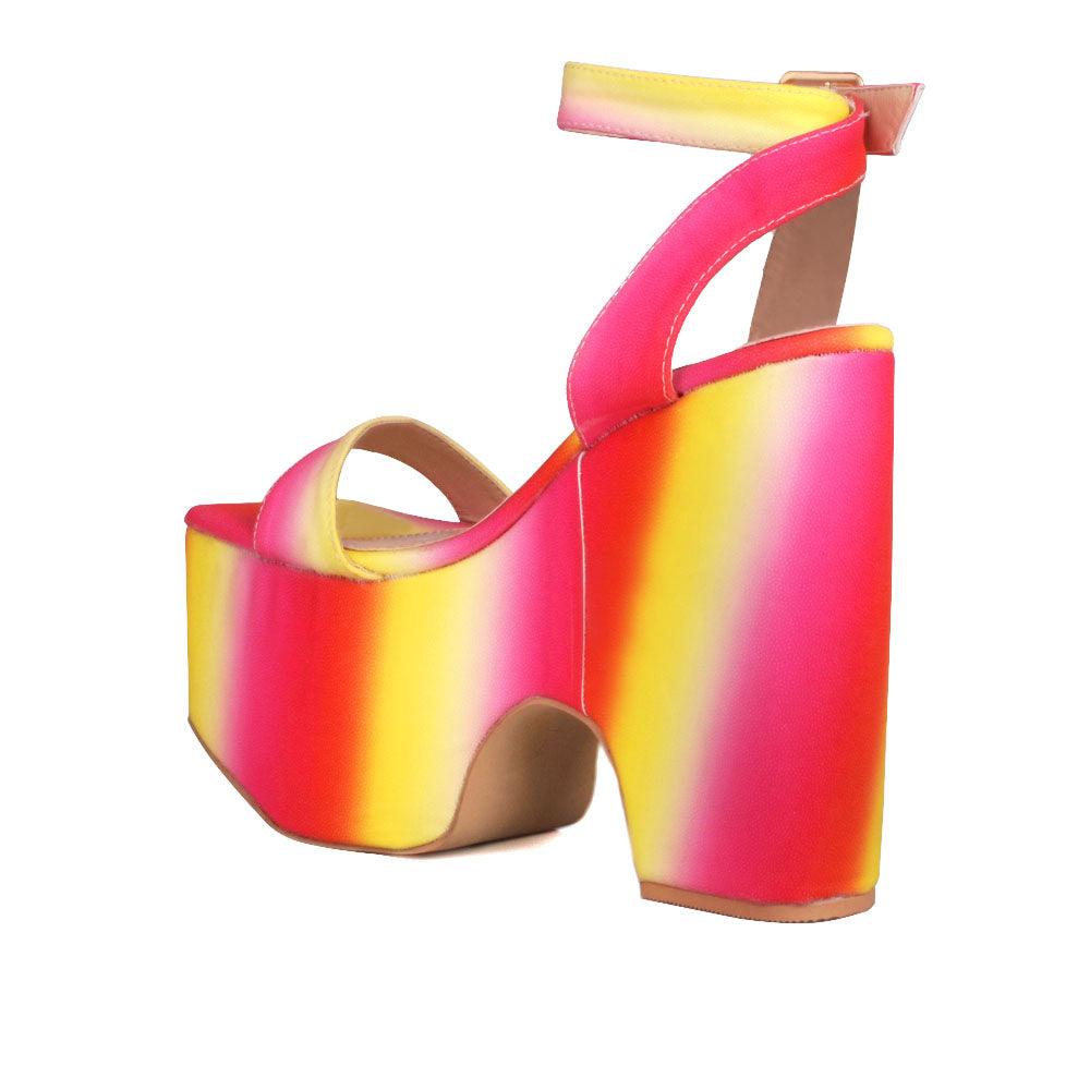 Pink and yellow mixed colored platform women's shoes with sandal buckle-posterior view