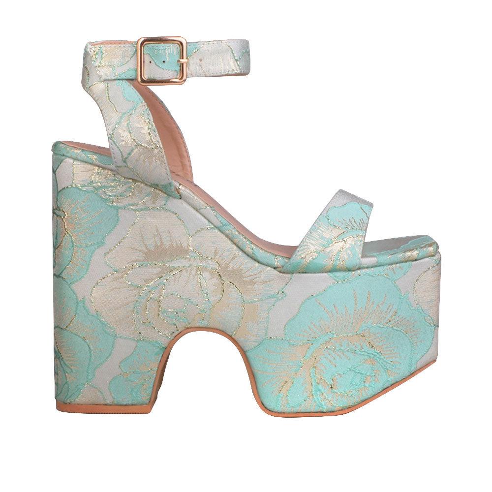 Women's mint rose patterned platform shoes with a sandal buckle-side view