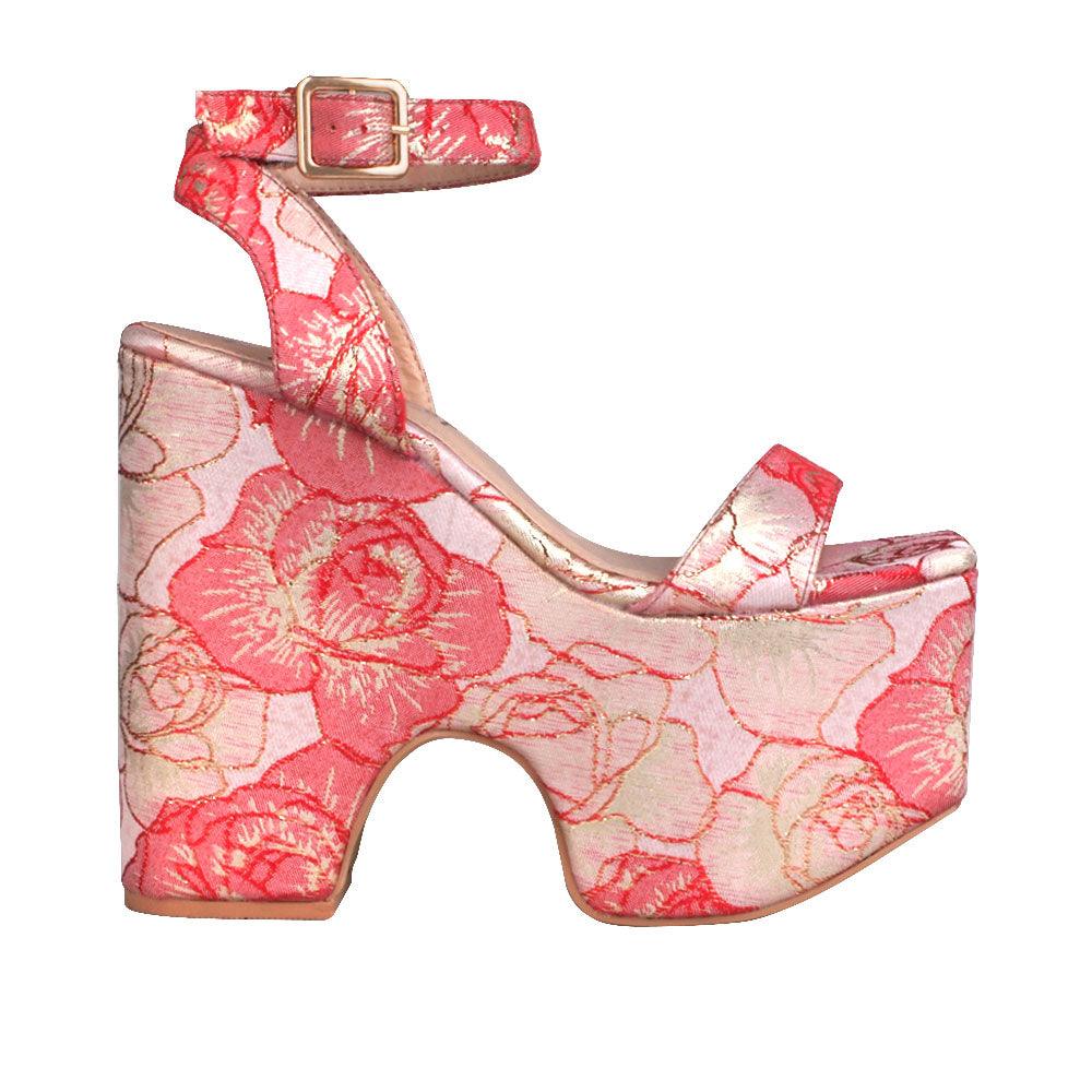 Pink rose patterned platform shoes for women with a sandal buckle-side view