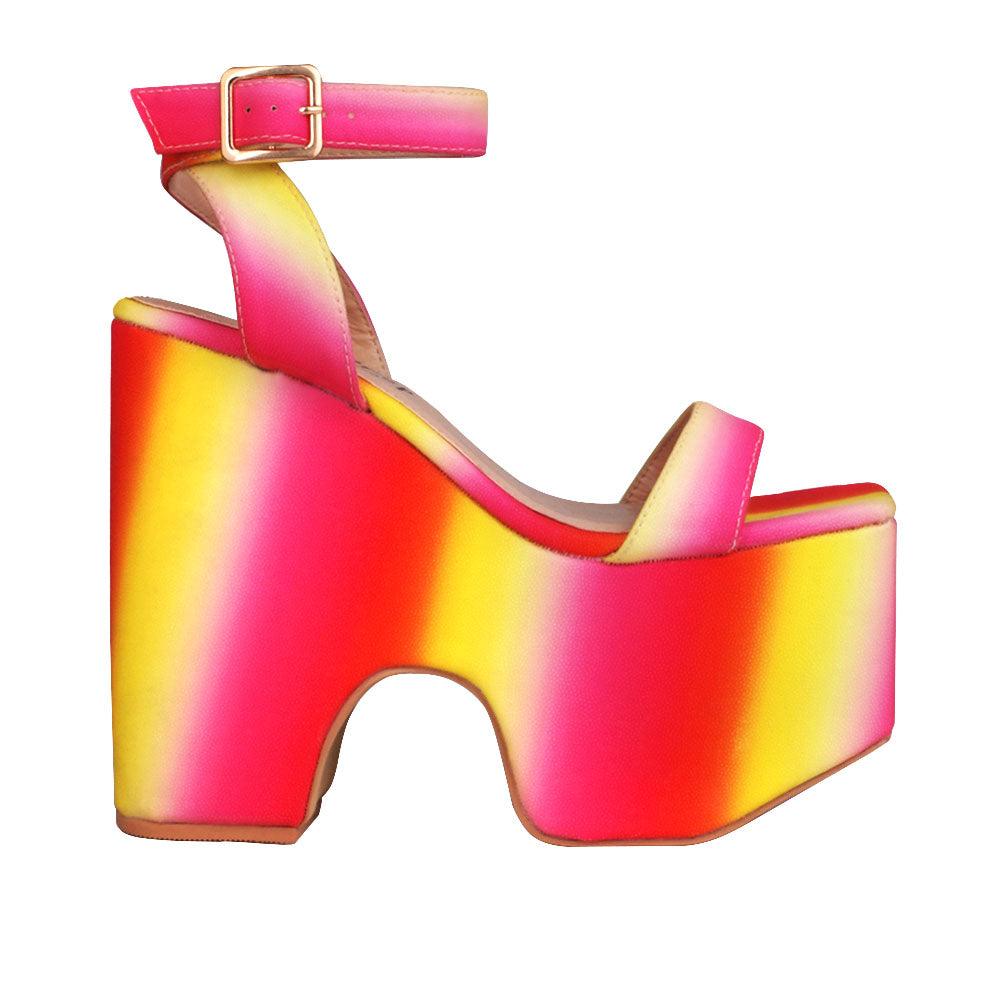 Pink and yellow mixed colored platform women's shoes with sandal buckle-side view