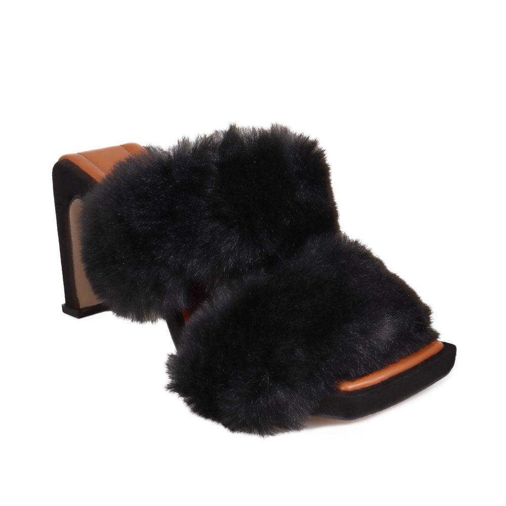 Toe heel open platform in black colored with furry heeled slippers-corner view