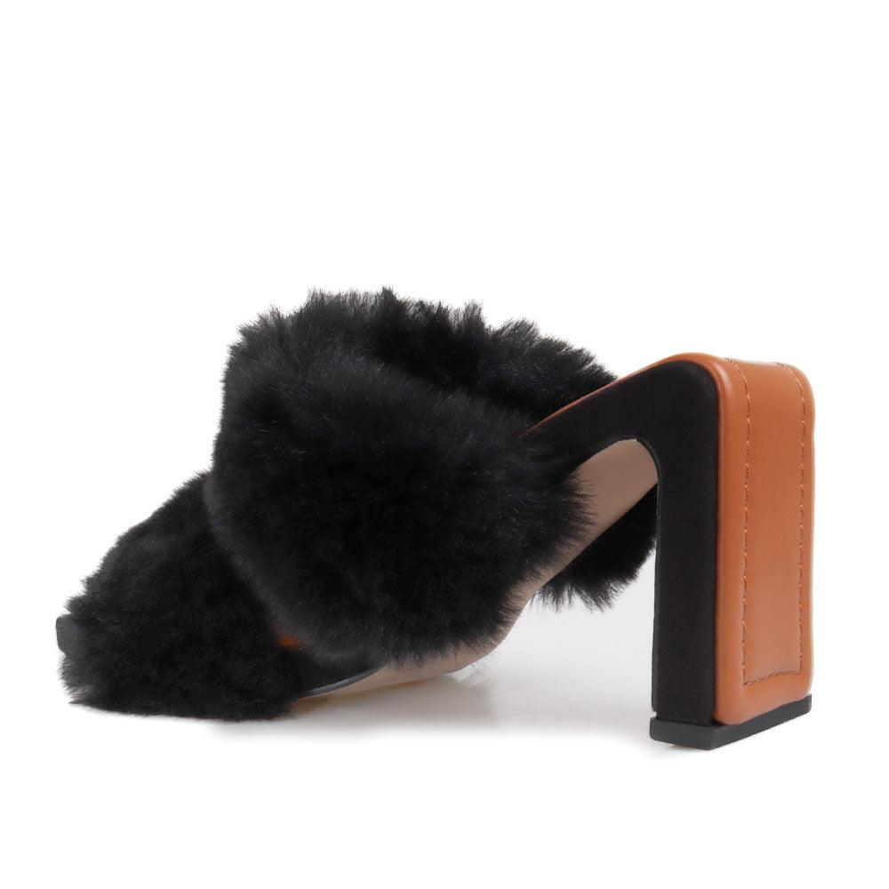 Toe heel open platform in black colored with furry heeled slippers-posterior view