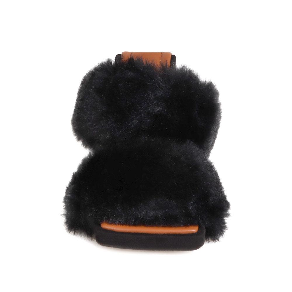 Toe heel open platform in black colored with furry heeled slippers-front view