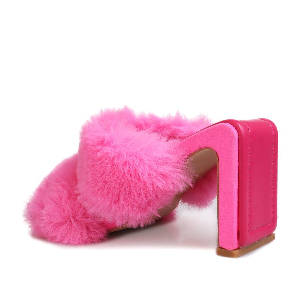 Pink colored toe heel open platform with furry heeled slippers-posterior view