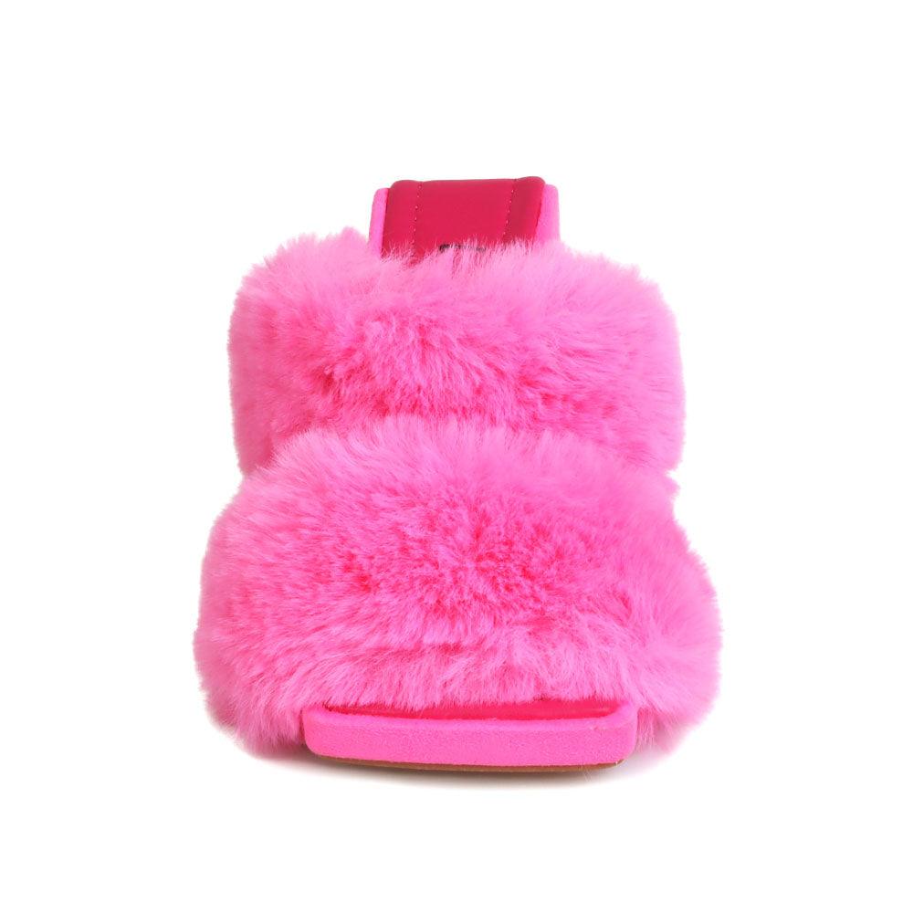 Pink colored toe heel open platform with furry heeled slippers-front view