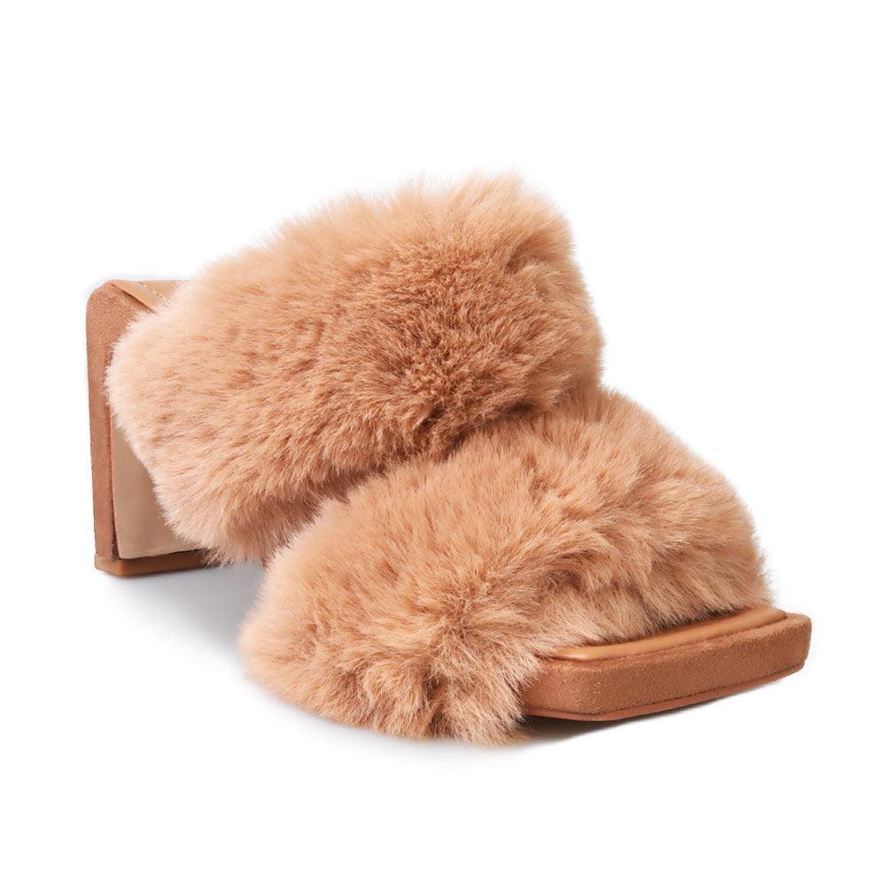 Tan colored toe heel open platform slippers with furry heels-corner view