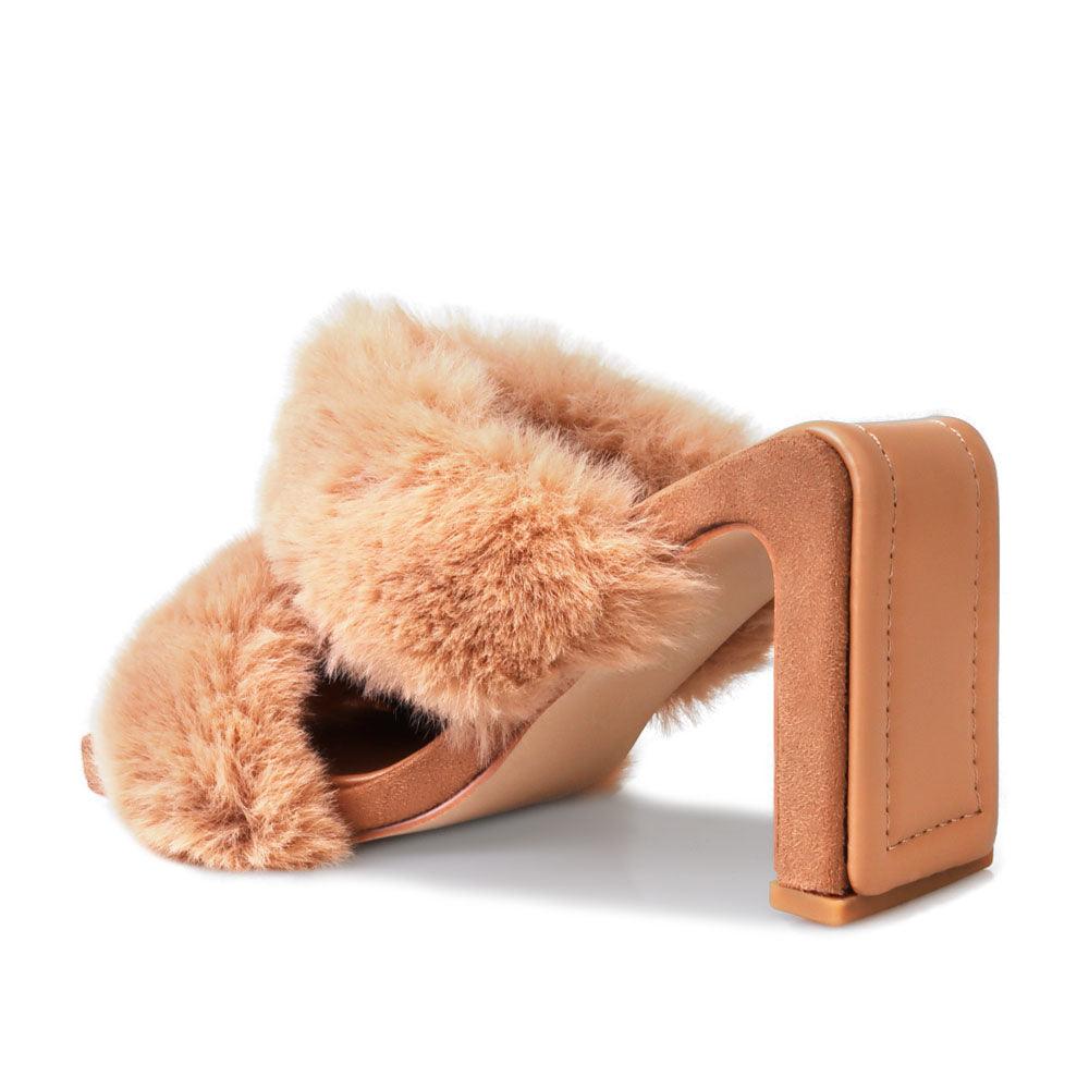 Tan colored toe heel open platform slippers with furry heels-posterior view