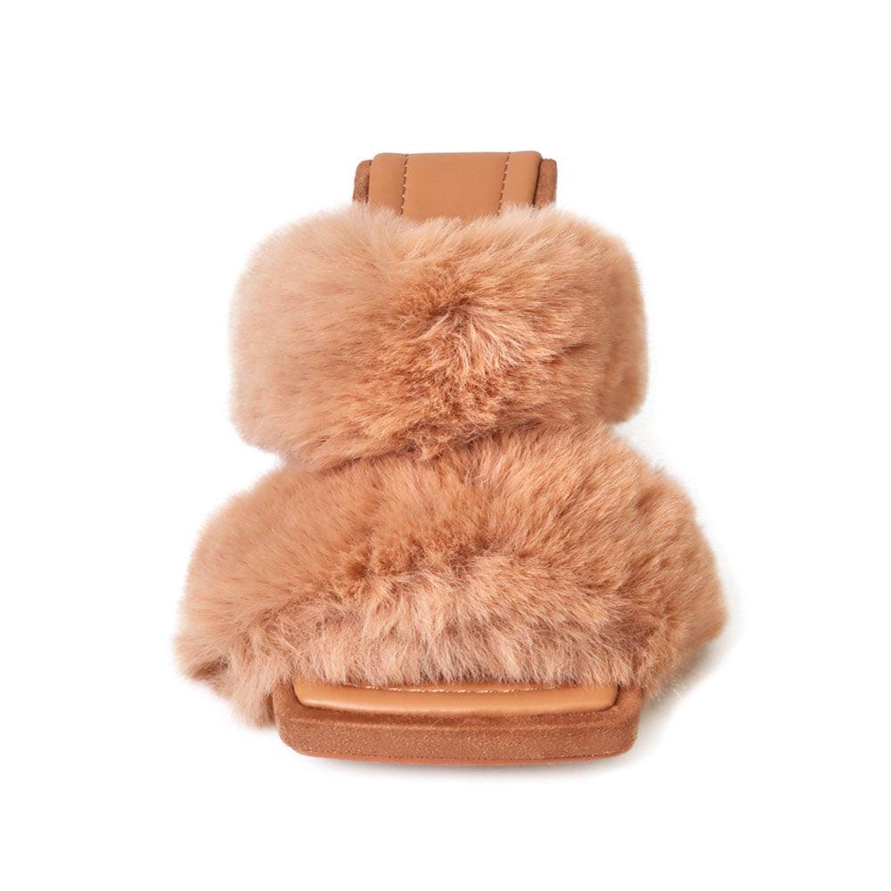 Tan colored toe heel open platform slippers with furry heels-front view