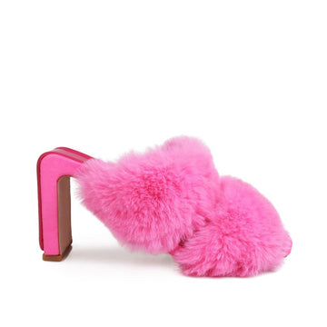 Pink colored toe heel open platform with furry heeled slippers-side view