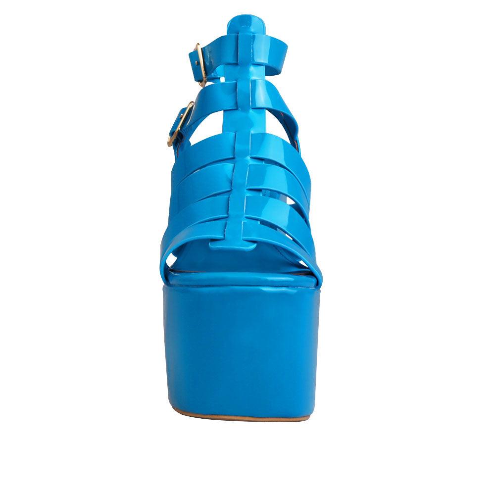 women Block heels wedge in turquoise color with strap design and double sandal buckles - front view