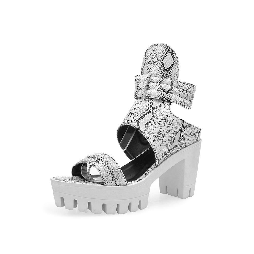 Platforms in white with an ankle fastening and a black-white snake design upper-corner view