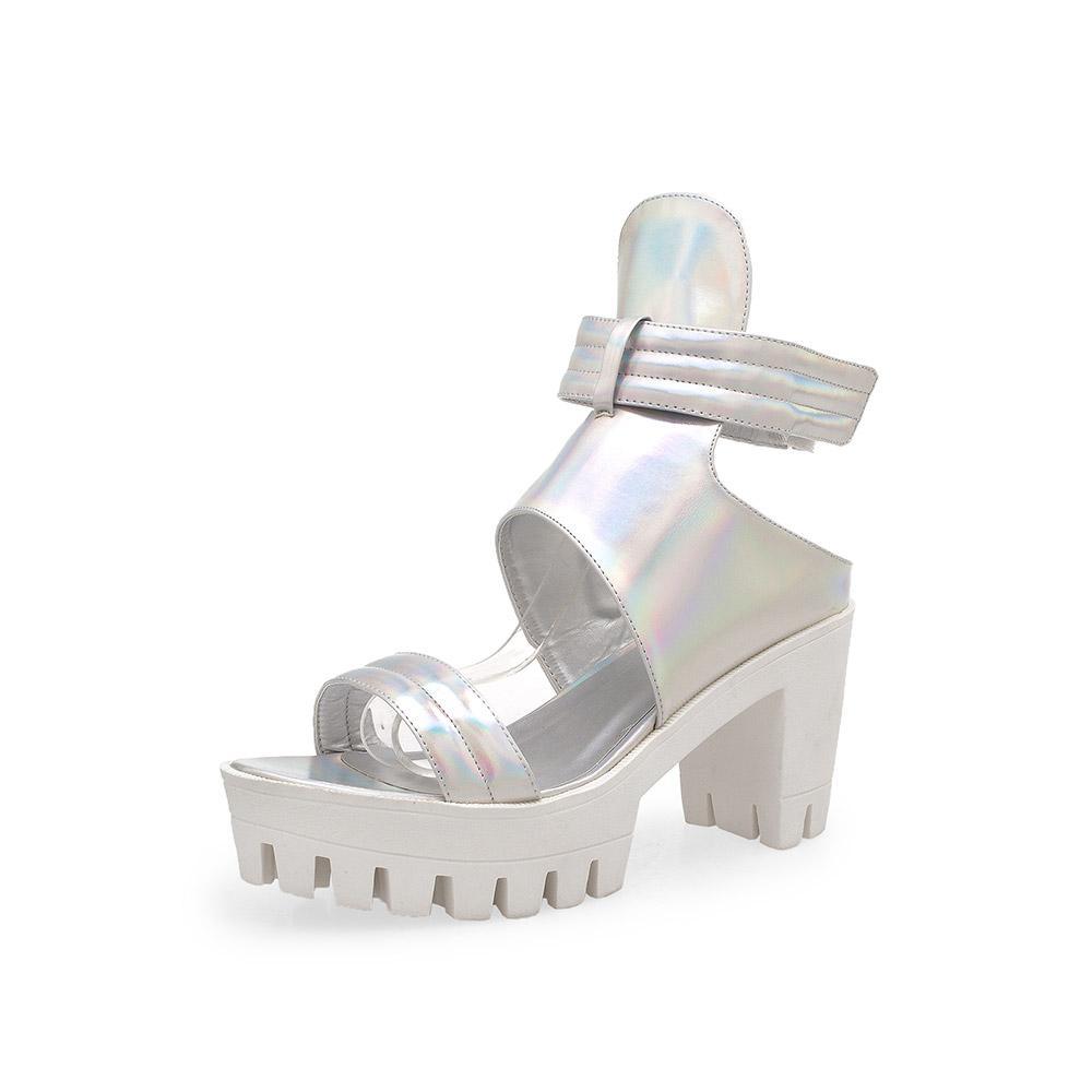 Shiny upper block platform heels hologram color ankle fastening-corner view