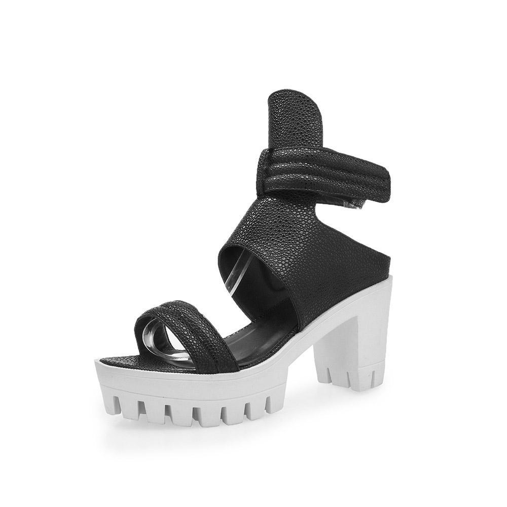 Ankle fastening black upper with white color platform heels-corner view