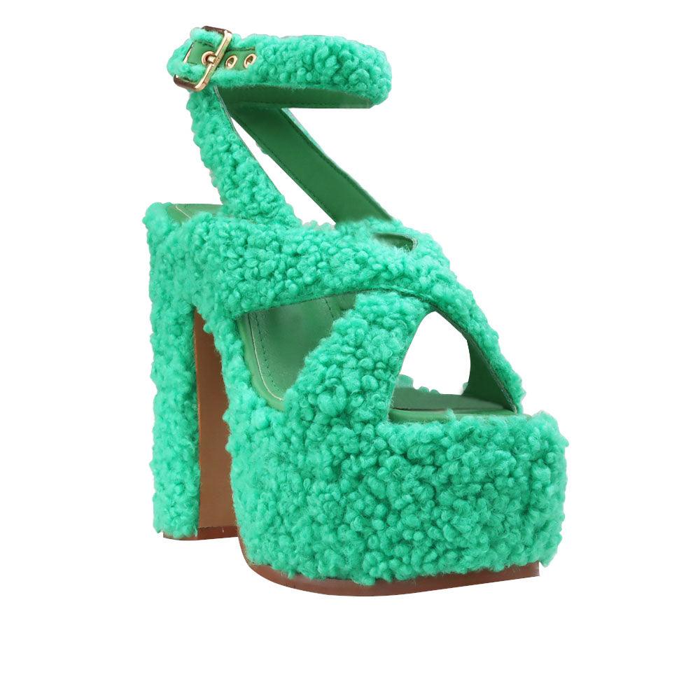 Shearling upper platform crossed strap block heels in green-color with ankle buckle fastening-corner view