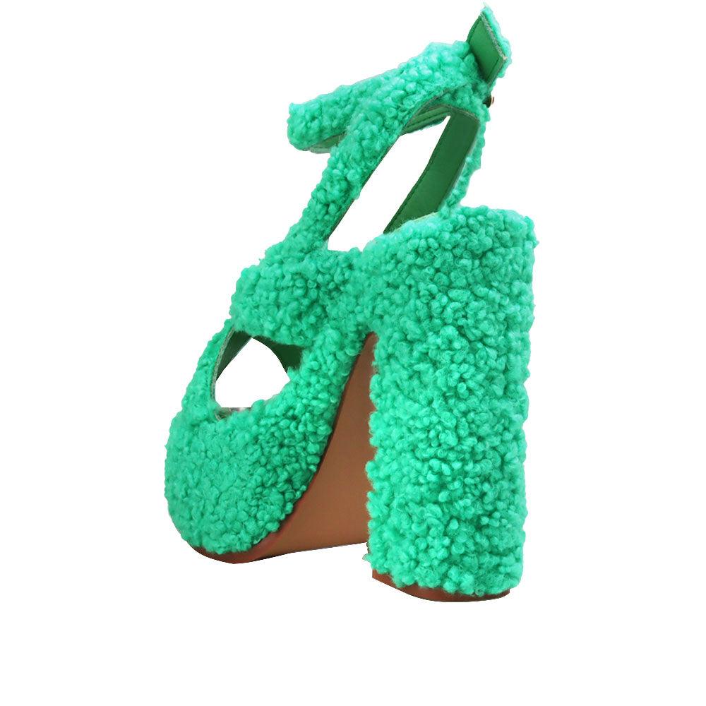 Shearling upper platform crossed strap block heels in green-color with ankle buckle fastening-posterior view