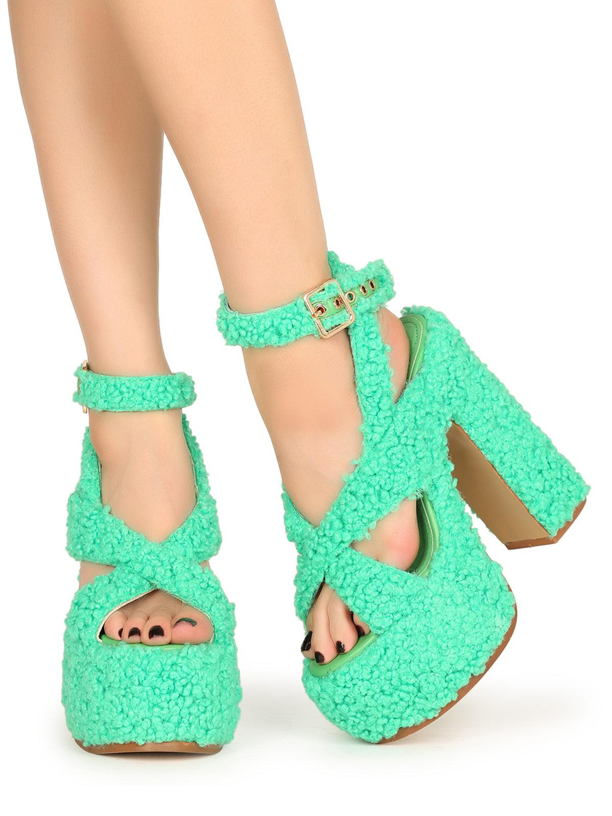 Shearling upper platform crossed strap block heels in green-color with ankle buckle fastening